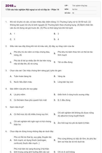 1730 câu trắc nghiệm Nội ngoại cơ sở có đáp án - Phần 14