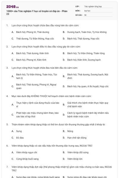 1000+ câu Trắc nghiệm Y học cổ truyền có đáp án - Phần 23