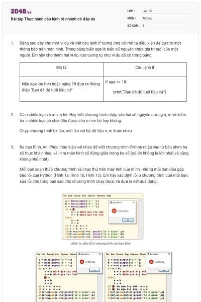 Bài tập Thực hành câu lệnh rẽ nhánh có đáp án