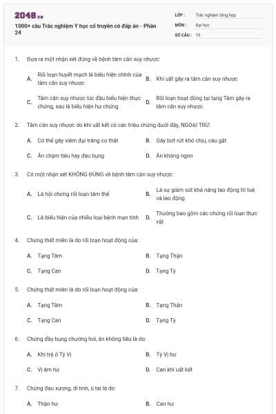 1000+ câu Trắc nghiệm Y học cổ truyền có đáp án - Phần 24