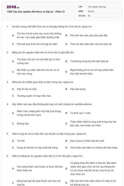 1500 Câu trắc nghiệm Nhi khoa có đáp án - Phần 23