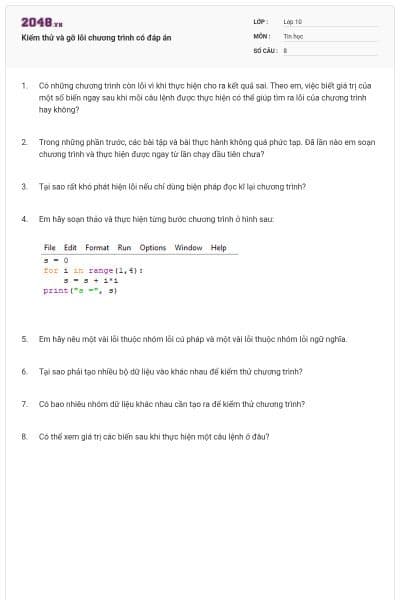 Kiểm thử và gỡ lỗi chương trình có đáp án