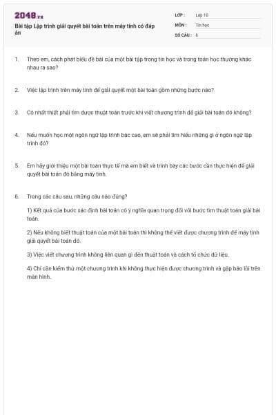Bài tập Lập trình giải quyết bài toán trên máy tính có đáp án