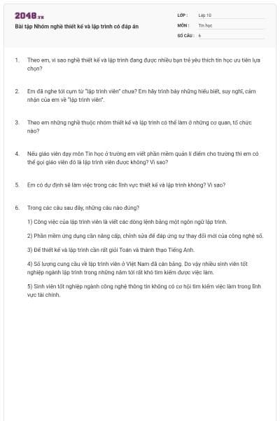 Bài tập Nhóm nghề thiết kế và lập trình có đáp án