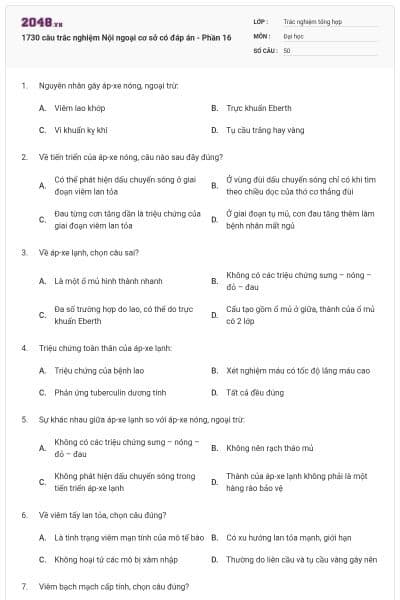 1730 câu trắc nghiệm Nội ngoại cơ sở có đáp án - Phần 16