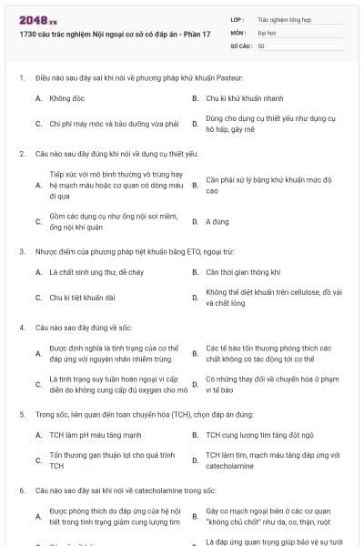 1730 câu trắc nghiệm Nội ngoại cơ sở có đáp án - Phần 17