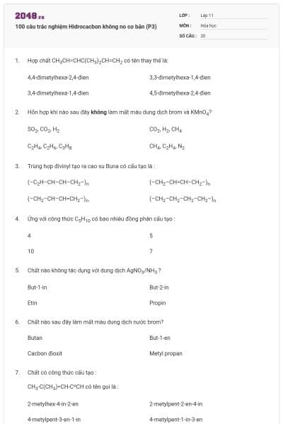 100 câu trắc nghiệm Hidrocacbon không no cơ bản (P3)