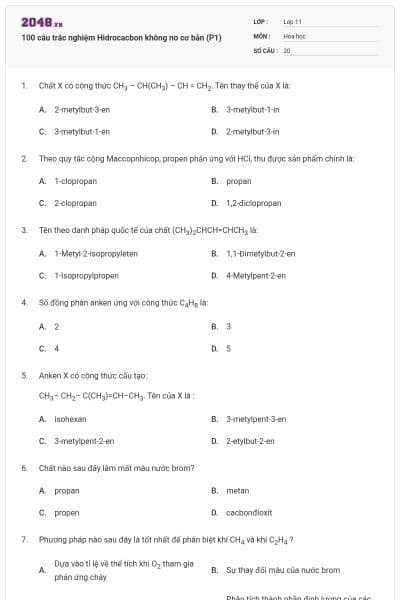 100 câu trắc nghiệm Hidrocacbon không no cơ bản (P1)