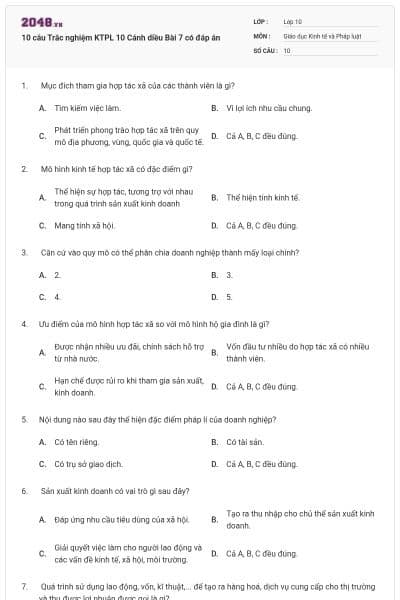 10 câu Trắc nghiệm KTPL 10 Cánh diều Bài 7 có đáp án