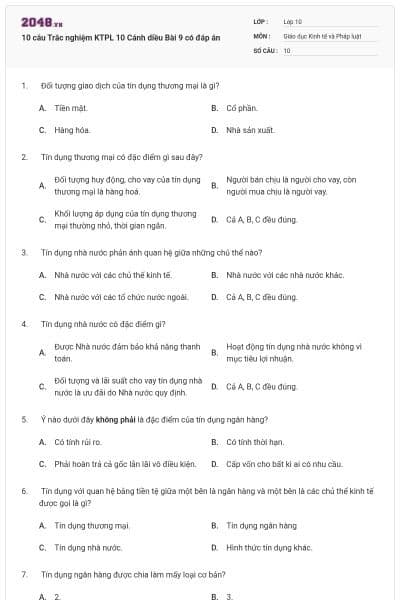 10 câu Trắc nghiệm KTPL 10 Cánh diều Bài 9 có đáp án