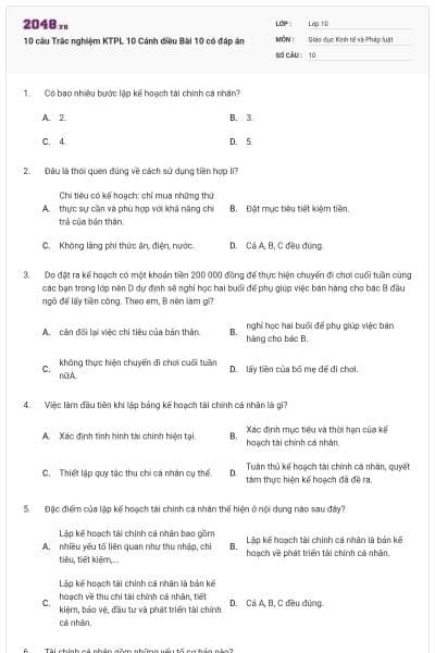 10 câu Trắc nghiệm KTPL 10 Cánh diều Bài 10 có đáp án