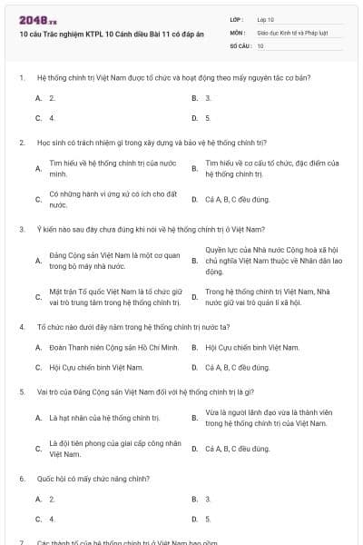 10 câu Trắc nghiệm KTPL 10 Cánh diều Bài 11 có đáp án