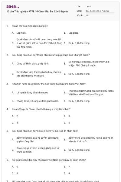10 câu Trắc nghiệm KTPL 10 Cánh diều Bài 12 có đáp án