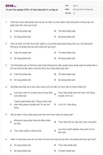 10 câu Trắc nghiệm KTPL 10 Cánh diều Bài 21 có đáp án