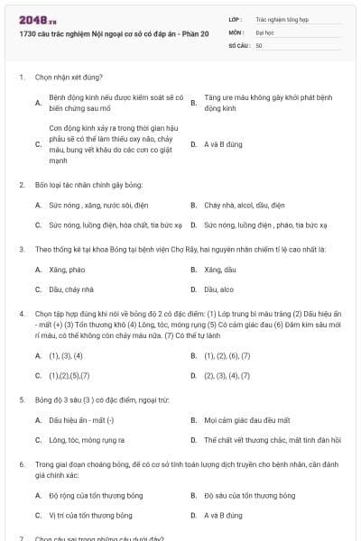 1730 câu trắc nghiệm Nội ngoại cơ sở có đáp án - Phần 20