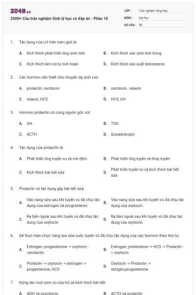 2500+ Câu trắc nghiệm Sinh lý học có đáp án - Phần 10