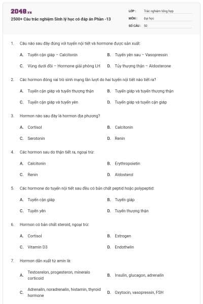 2500+ Câu trắc nghiệm Sinh lý học có đáp án Phần -13