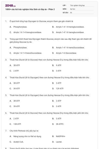 1800+ câu hỏi trắc nghiệm Hóa Sinh có đáp án - Phần 2