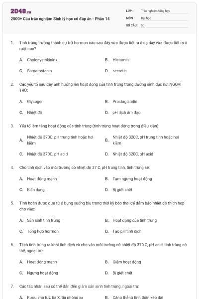 2500+ Câu trắc nghiệm Sinh lý học có đáp án - Phần 14