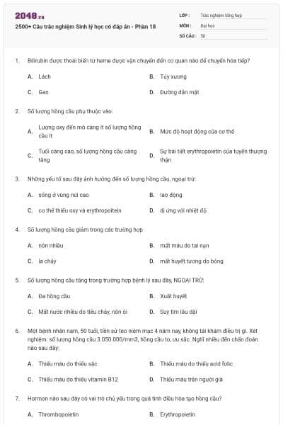 2500+ Câu trắc nghiệm Sinh lý học có đáp án - Phần 18