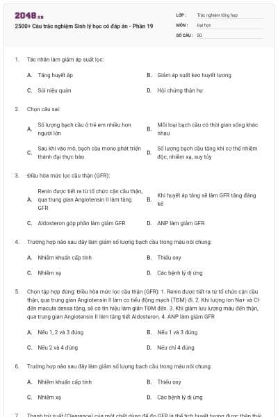 2500+ Câu trắc nghiệm Sinh lý học có đáp án - Phần 19