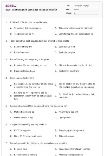 2500+ Câu trắc nghiệm Sinh lý học có đáp án -Phần 20