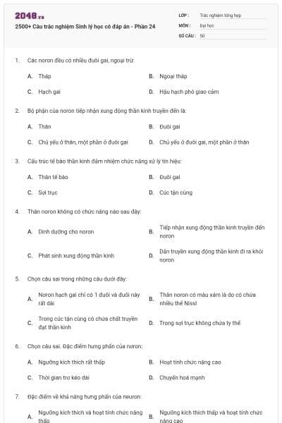 2500+ Câu trắc nghiệm Sinh lý học có đáp án - Phần 24