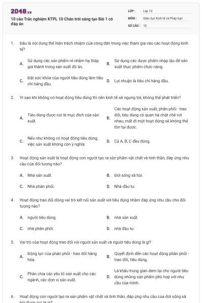 10 câu Trắc nghiệm KTPL 10 Chân trời sáng tạo Bài 1 có đáp án