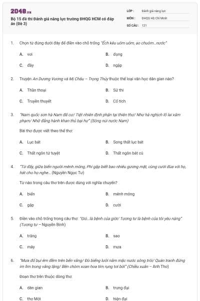 Bộ 15 đề thi Đánh giá năng lực trường ĐHQG HCM có đáp án (Đề 3)