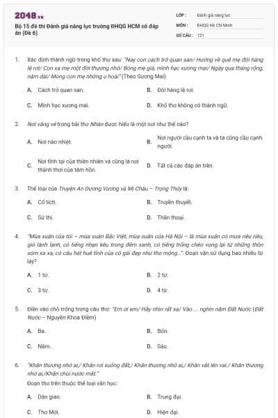 Bộ 15 đề thi Đánh giá năng lực trường ĐHQG HCM có đáp án (Đề 6)