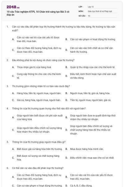 10 câu Trắc nghiệm KTPL 10 Chân trời sáng tạo Bài 3 có đáp án