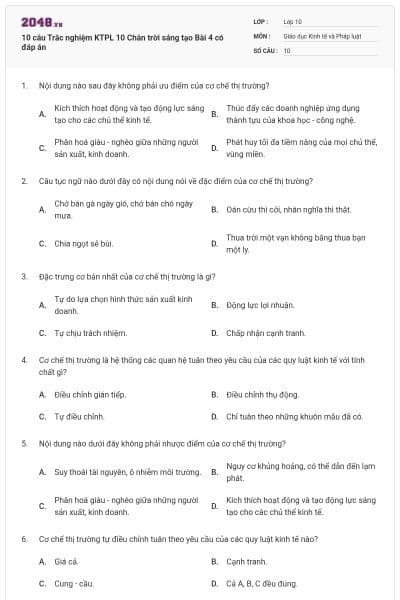 10 câu Trắc nghiệm KTPL 10 Chân trời sáng tạo Bài 4 có đáp án