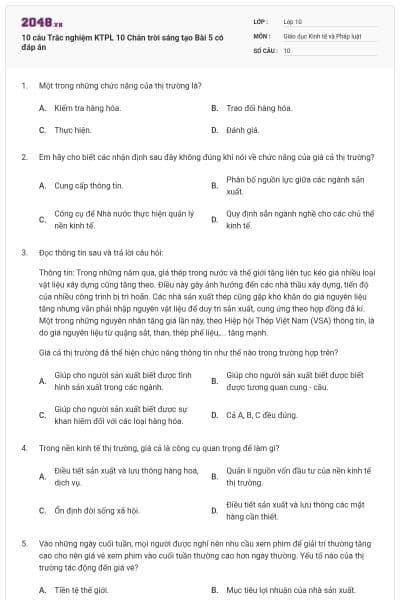 10 câu Trắc nghiệm KTPL 10 Chân trời sáng tạo Bài 5 có đáp án