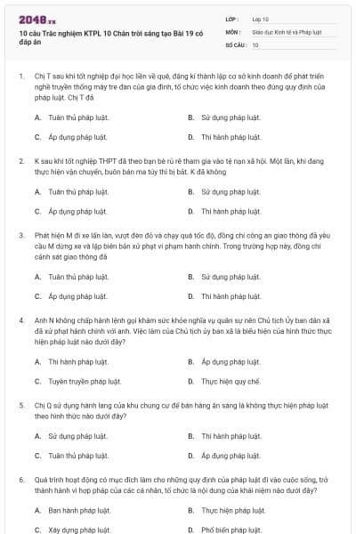10 câu Trắc nghiệm KTPL 10 Chân trời sáng tạo Bài 19 có đáp án