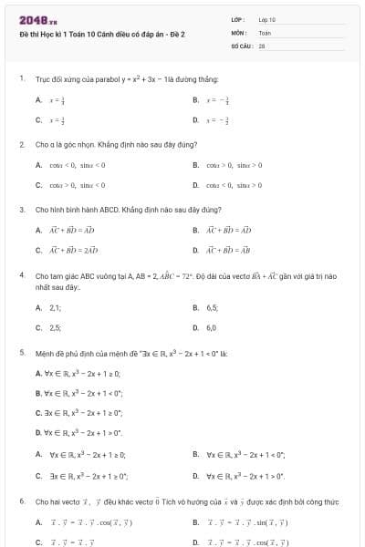 Đề thi Học kì 1 Toán 10 Cánh diều có đáp án - Đề 2