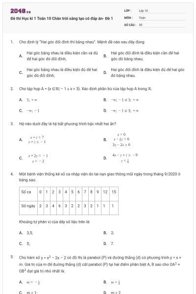 Đề thi Học kì 1 Toán 10 Chân trời sáng tạo có đáp án- Đề 1