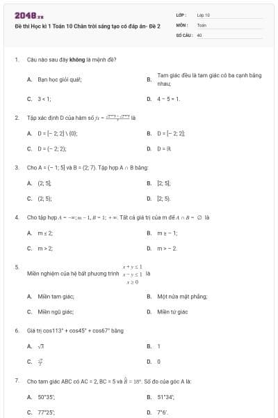 Đề thi Học kì 1 Toán 10 Chân trời sáng tạo có đáp án- Đề 2