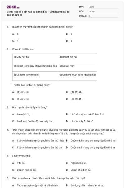 Đề thi Học kì 1 Tin học 10 Cánh diều - Định hướng CS có đáp án (Đề 1)