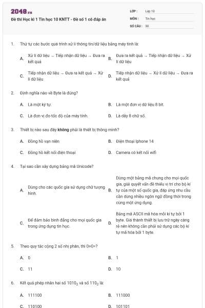 Đề thi Học kì 1 Tin học 10 KNTT - Đề số 1 có đáp án