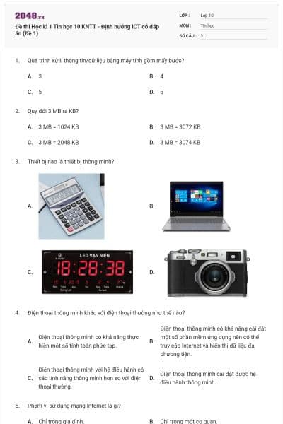 Đề thi Học kì 1 Tin học 10 KNTT - Định hướng ICT có đáp án (Đề 1)