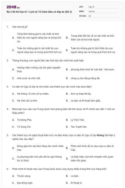 Bộ 2 Đề thi Học kì 1 Lịch sử 10 Cánh diều có đáp án (Đề 2)