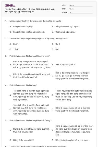 10 câu Trắc nghiệm Tin 11 Python Bài 2. Các thành phần của ngôn ngữ lập trình có đáp án