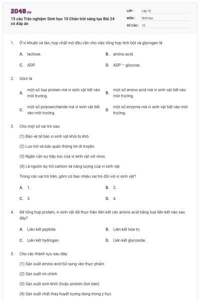 15 câu Trắc nghiệm Sinh học 10 Chân trời sáng tạo Bài 24 có đáp án