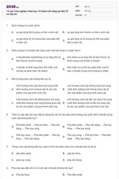 15 câu Trắc nghiệm Sinh học 10 Chân trời sáng tạo Bài 25 có đáp án