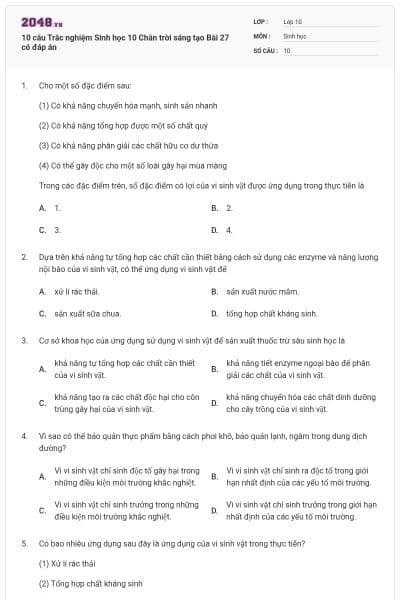 10 câu Trắc nghiệm Sinh học 10 Chân trời sáng tạo Bài 27 có đáp án