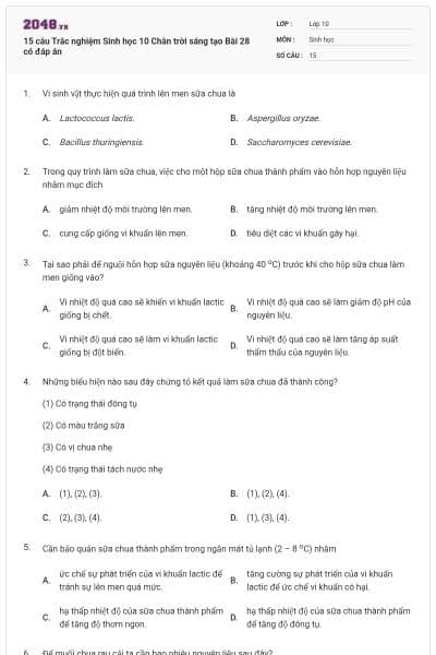 15 câu Trắc nghiệm Sinh học 10 Chân trời sáng tạo Bài 28 có đáp án