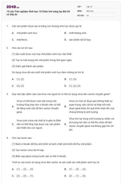 10 câu Trắc nghiệm Sinh học 10 Chân trời sáng tạo Bài 30 có đáp án