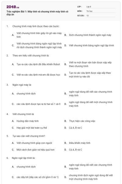 Trắc nghiệm Bài 1: Máy tính và chương trình máy tính có đáp án