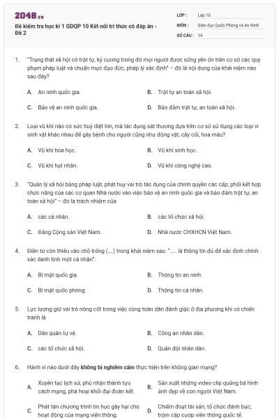 Đề kiểm tra học kì 1 GDQP 10 Kết nối tri thức có đáp án - Đề 2