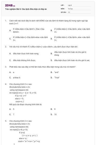 Trắc nghiệm Bài 6: Câu lệnh điều kiện có đáp án